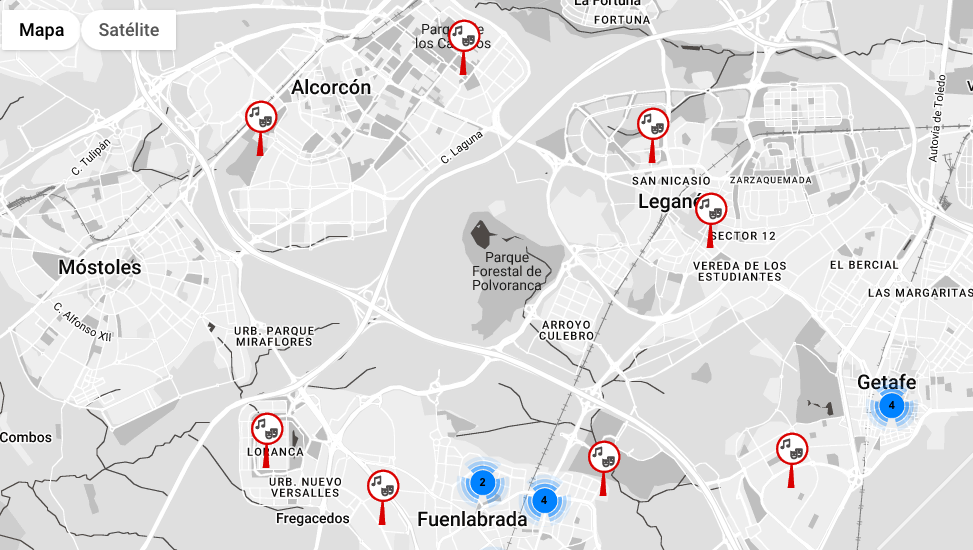 Mapa interactivo de eventos en el sur de Madrid, muestra de actividades cercanas